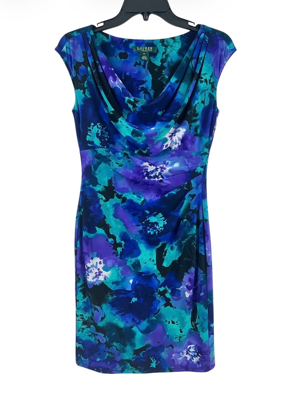 Vintage Y2K Lauren Ralph Lauren Abstract Floral Tie Dye Draped Neck Sheath Dress